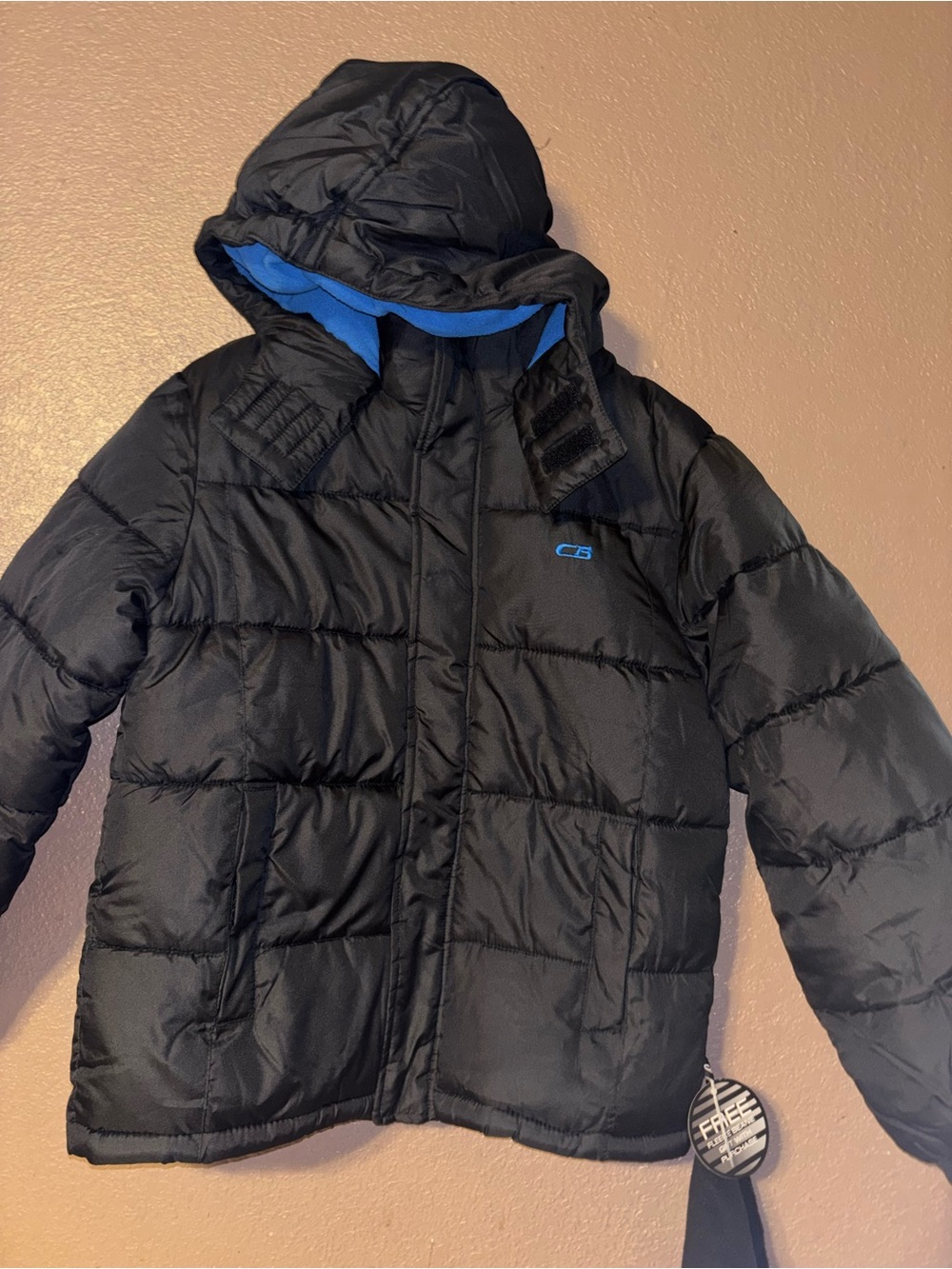 Kids Black Puffer Jacket with Blue Trim by C9